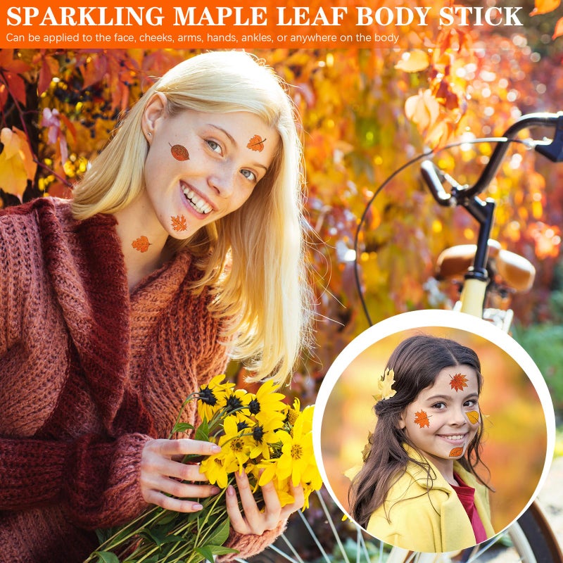 Nosiny 240 Pcs Fall Glitter Temporary Tattoos - Maple Leaves Stickers Autumn Tattoo Sticker Fall Leaves Glitter Tattoos for Thanksgiving Party Body Face Women Men Kids - Image 4